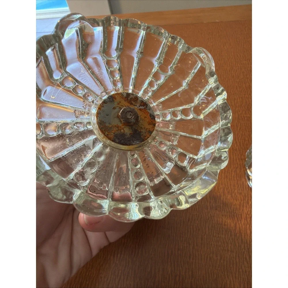 Vtg 1950's Art Deco Cut Glass Pair Of Candlestick Holders 4